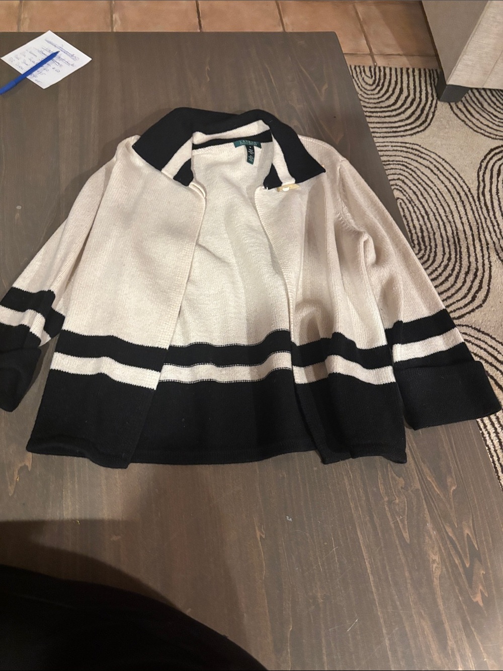 Women’s Black and Cream Open Front Striped Sweater